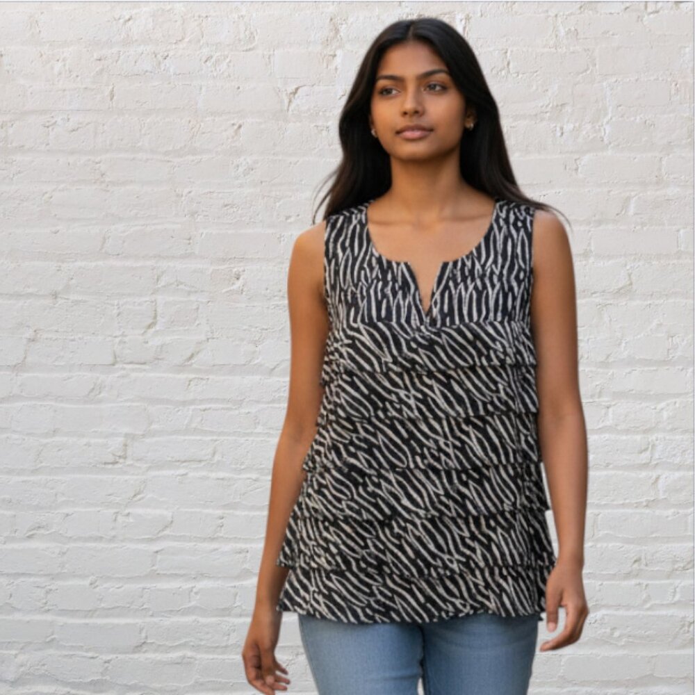 ANN TAYLOR LOFT PETITES -- Blouse, Ruffled, Pullover, Sleeveless, Zebra Print